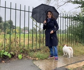 Jenny Hull and dog Poppy outside Udney Park